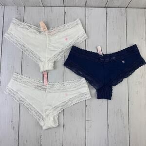 NWT Victoria's Secret White & Blue Lot of 3 Cheeky Lace Panty Panties Size Small